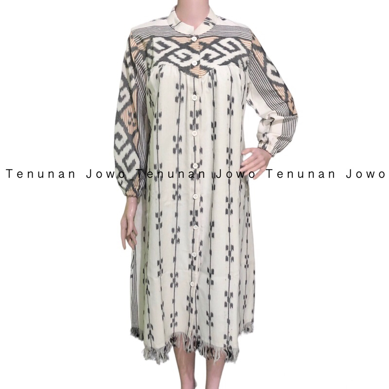 Tunik Tenun Wanita Dewasa Full Kancing Depan Lengan Karet Tunik Kekinian Baju Kerja Tenun Wanita