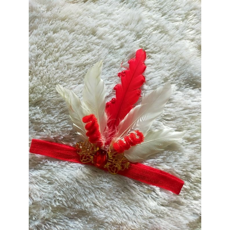 Bando Bulu Hiasan Kepala Bulu Mahkota Bulu Kriting Merah Putih