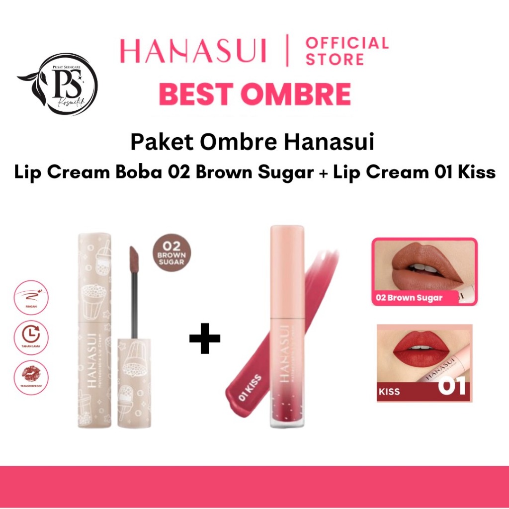 Paket Ombre Hanasui Lip Cream Boba 02 Brown Sugar dan 01 Kiss | Ombre Lip Cream