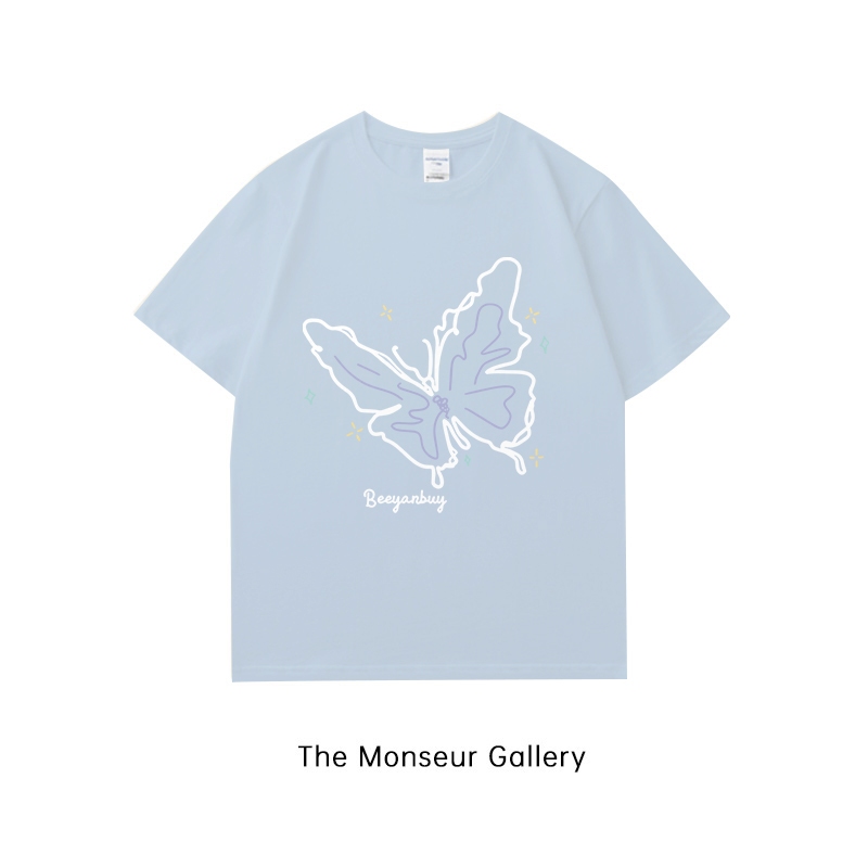 The Monseur Gallery kaos oversize wanita T-shirt OversizeCetakan kupu-kupu bunga garis oversized t s