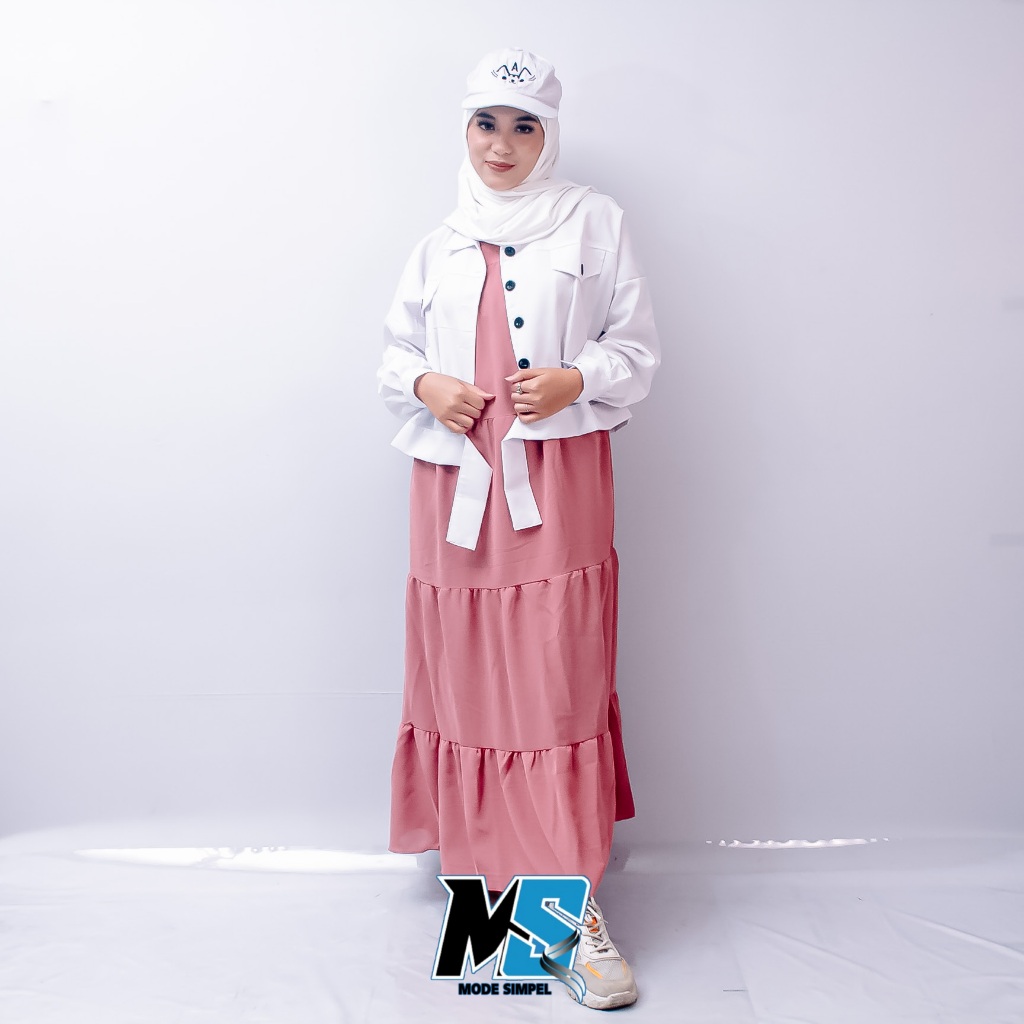 Maudy Pakaian Midi Dress Gamis Rempel Set Polos 2 in 1 Crinkle Airflow One iner Outer Baju Setelan J