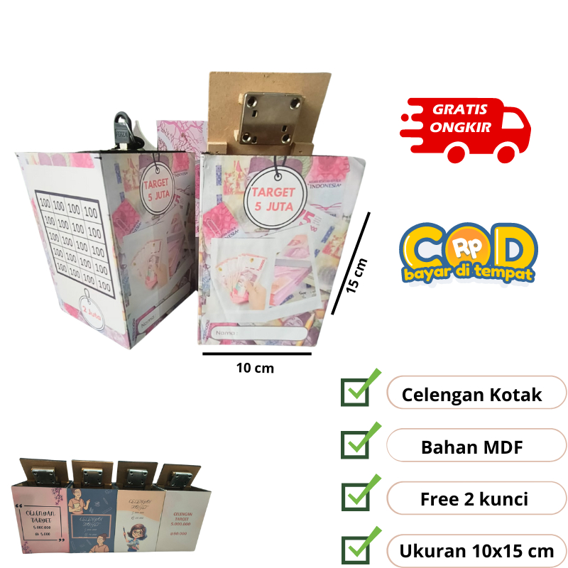 celengan target 5 juta pecahan 5k 10k 20k 50k celengan kayu kunci gembok tabungan 10x15 cm
