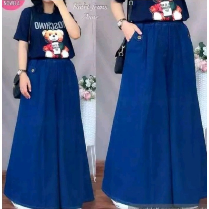 Highwaish Rok Jeans Rawis Panjang-Rok Denim Rawis Wanita Jumbo