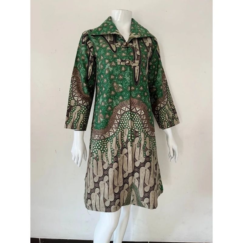 Batik Parang Hijau Tunik Cantik Lapis Furing Lengan Panjang Busui Friendly