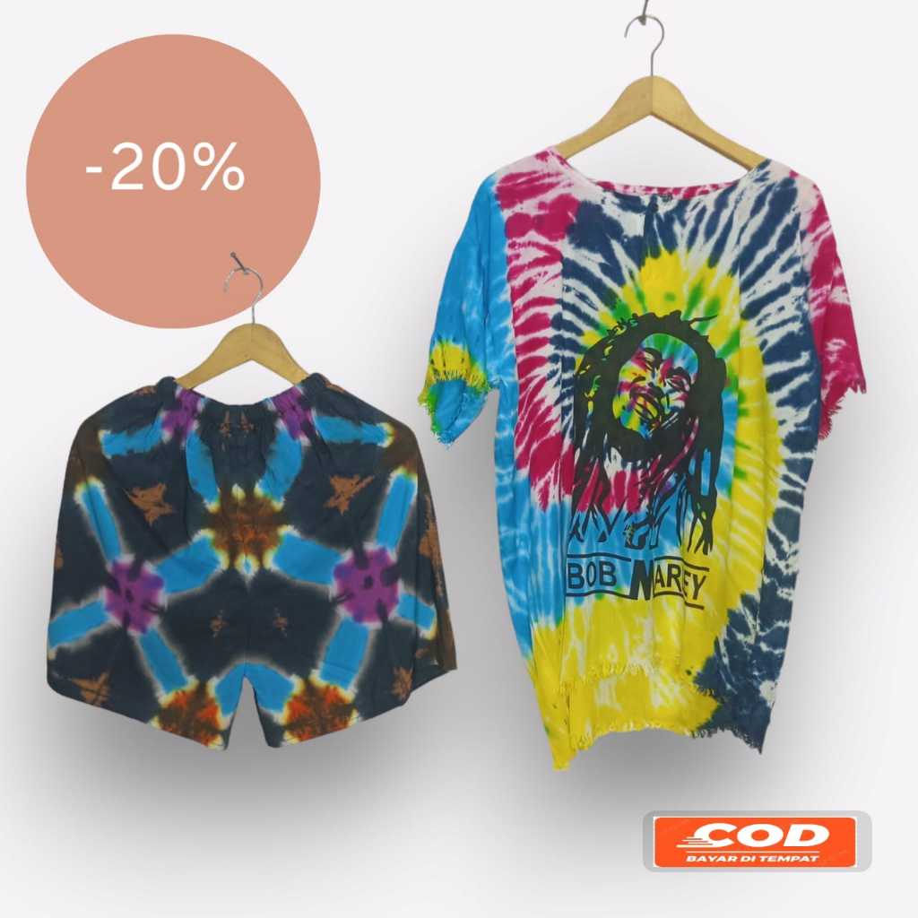 Stelan One Set celana Pendek Motif Tye Dye Bob Marley Stelan Baju Kaos Bob Marley Stelan Kekinian