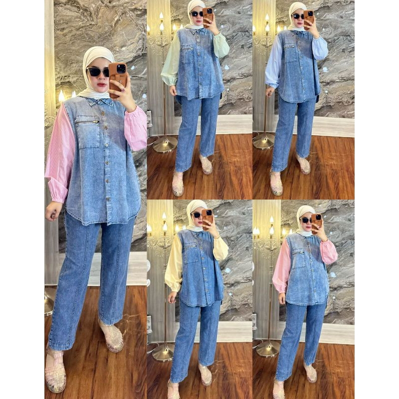 Set Jeans Comby Cotton Lengan Stripe  - one set Wanita dewasa kemeja  Setelan Jeans