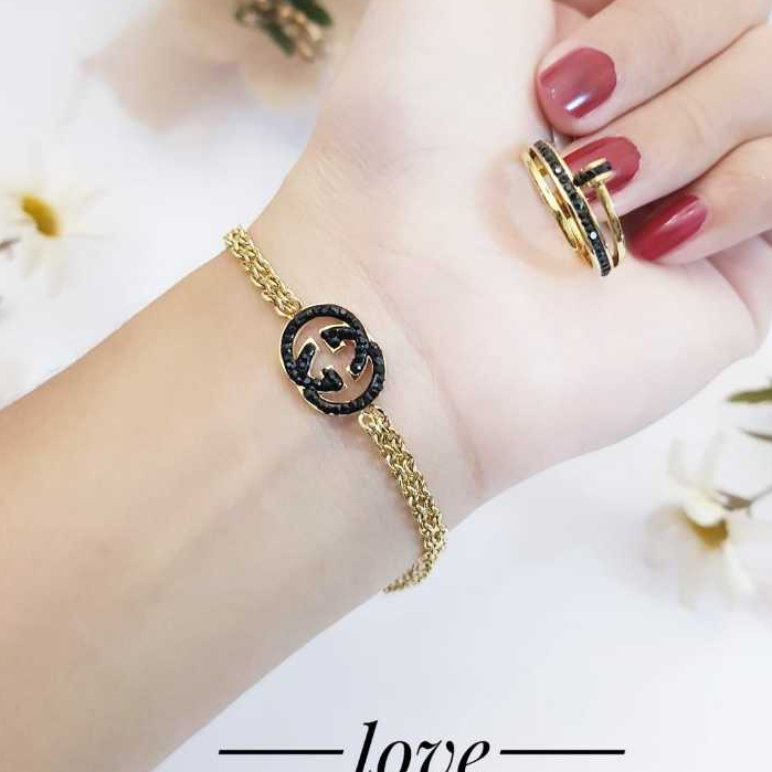 Titanium Gelang Set Cincin Gold Mata Hitam Lve442