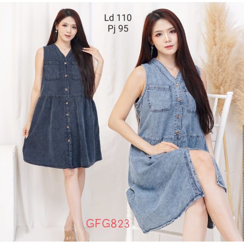 GFG823 Dress Wanita Jeans Denim Jumbo Full kancing leher vneck tanpa lengan ld110 pj95