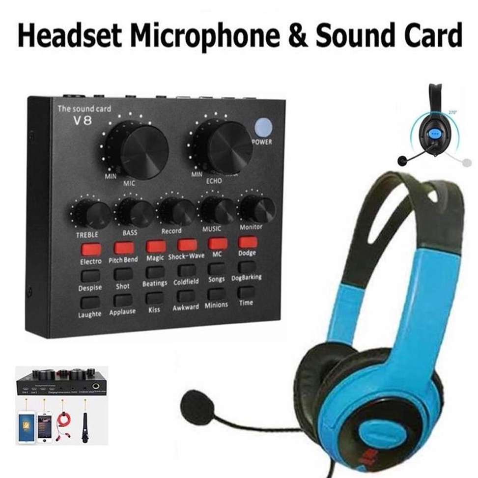 LIGER Set Headset Microphone X1 Plus Sound Card V8 w F2M2