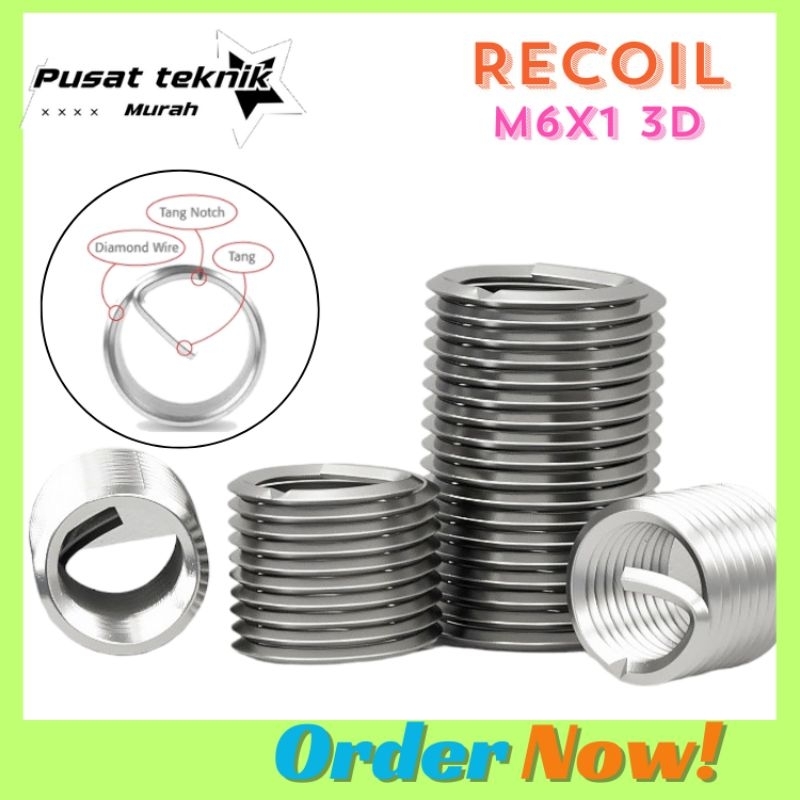 Recoil M6 x 1 3D Recoil helicoil verbos perbaikan drat rusak drat dol stenlees