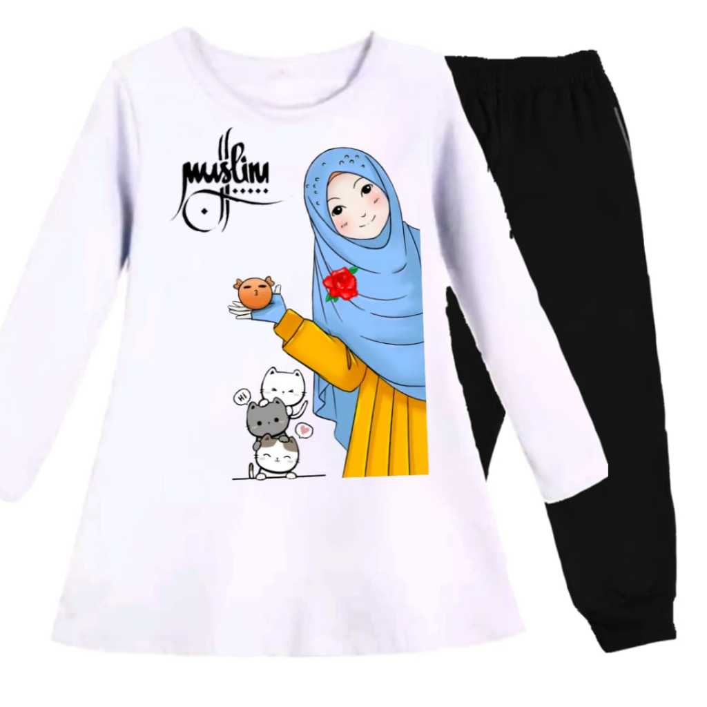 Stelan Dress Tunik Motif Gambar Kartun GADIS MUSLIM Lengan Panjang Set Oblong Anak Perempuan Atasan 