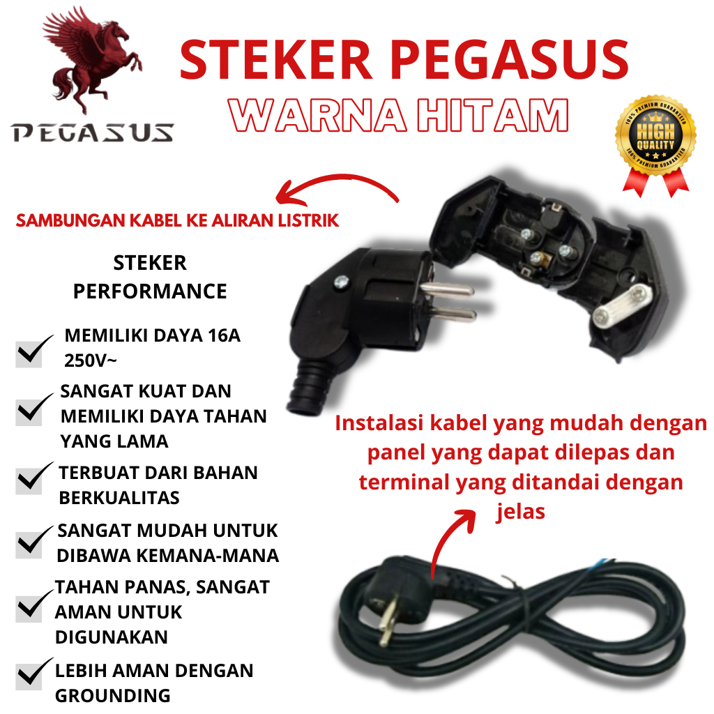 STEKER WARNA HITAM PENYAMBUNG KABEL - Pegasus