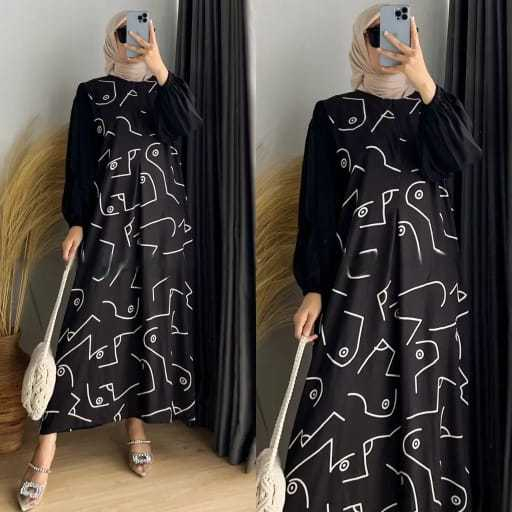 Belvina Dress / Gamis Rayon Kombinasi / Gamis Rayon Motif Lengan Balon Busui Daster Rayon Motif Keki