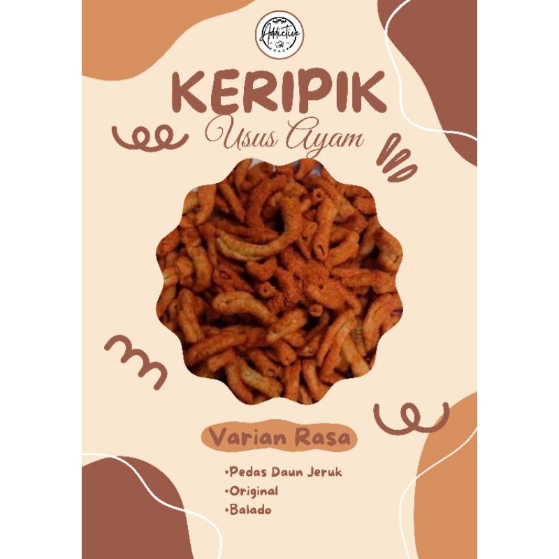 

Keripik usus ayam rasa balado yang renyah dan ksispy, teman ngemil setiap hari cocok dimakan saat bersantai, mengerjakan tugas, dan bisa dijadikan teman nasi.