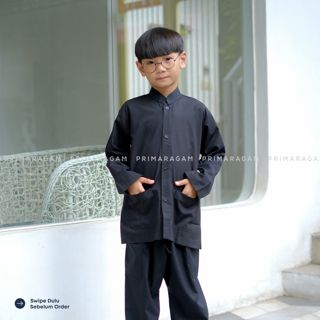 Baju Primaragam kemeja pangsi anak tk sd adat sunda koko hitam polos lengan tangan panjang