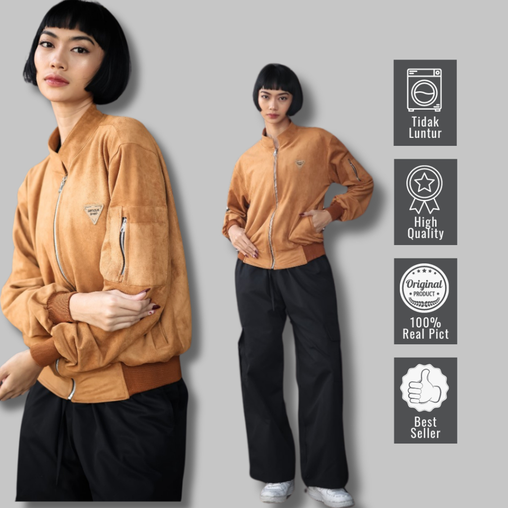 JAKET BOMBER WANITA BAHAN SUEDE PREMIUM TEBAL JACKET BOMBER CEWEK KOREA KEREN OUTDOOR ORIGINAL GENIO