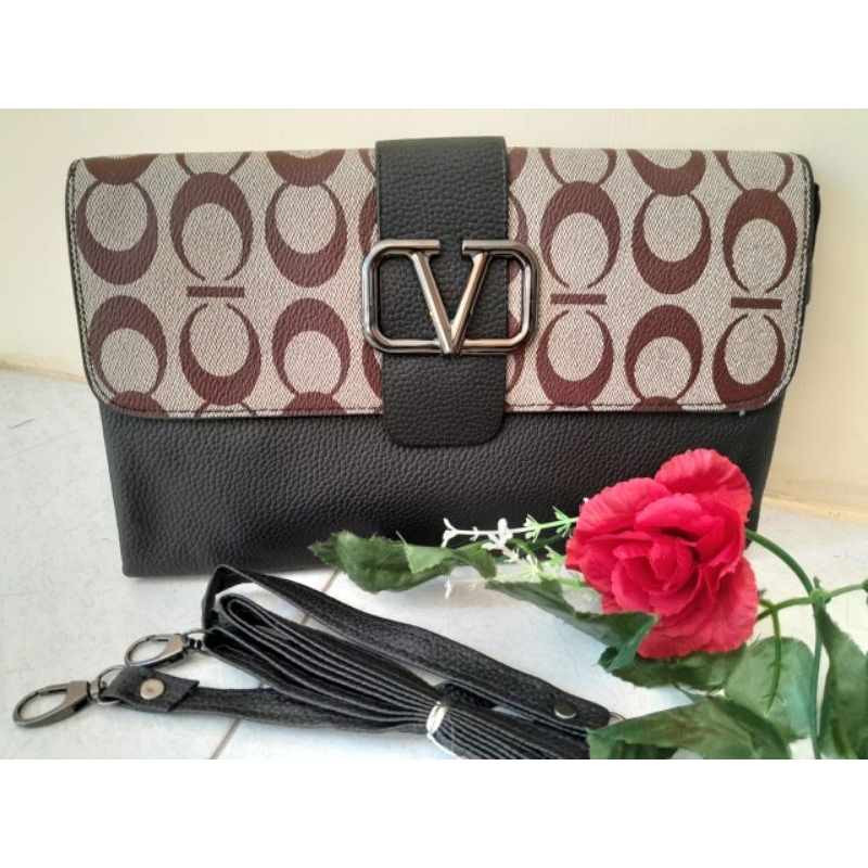 TAS SELEMPANG WANITA LOGO V KULIT JERUK IMPORT
