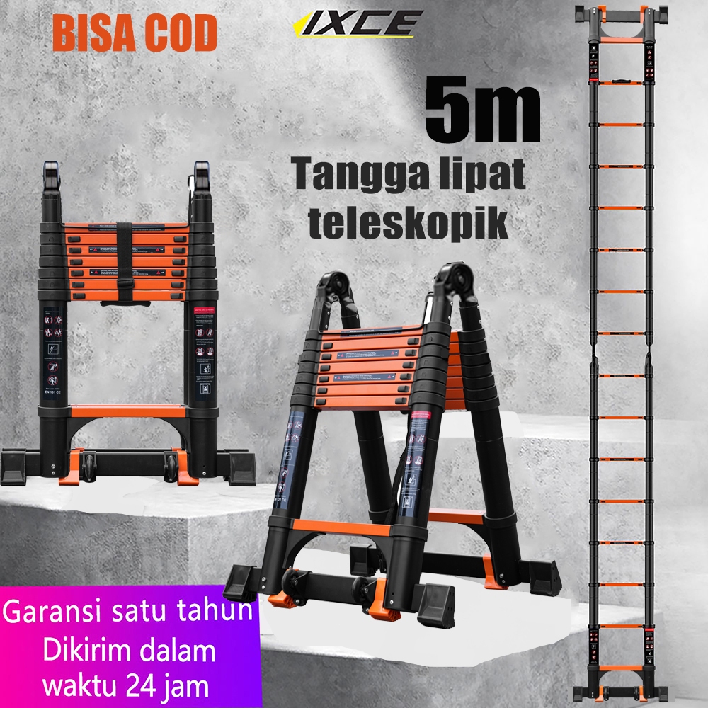 IXCE Tangga lipat aluminium 2.5+2.5M tangga multifungsi 5Mtangga teleskopik tangga lipat teleskopik