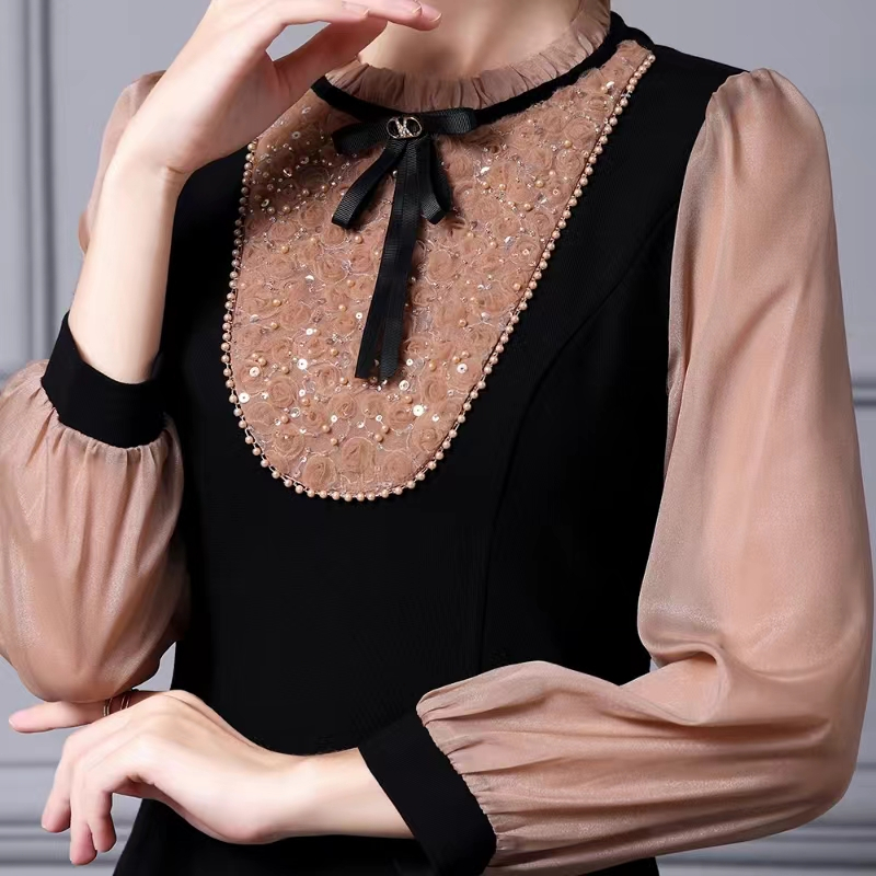 2875-Busana Perancis Midi Dress Kombinasi Retro Vintage Mewah Elegant