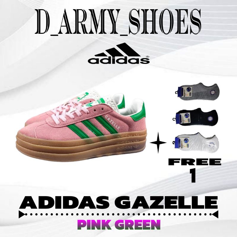 Sepatu Casual Wanita Adidas Gazelle Pink Green Free Kaos Kaki
