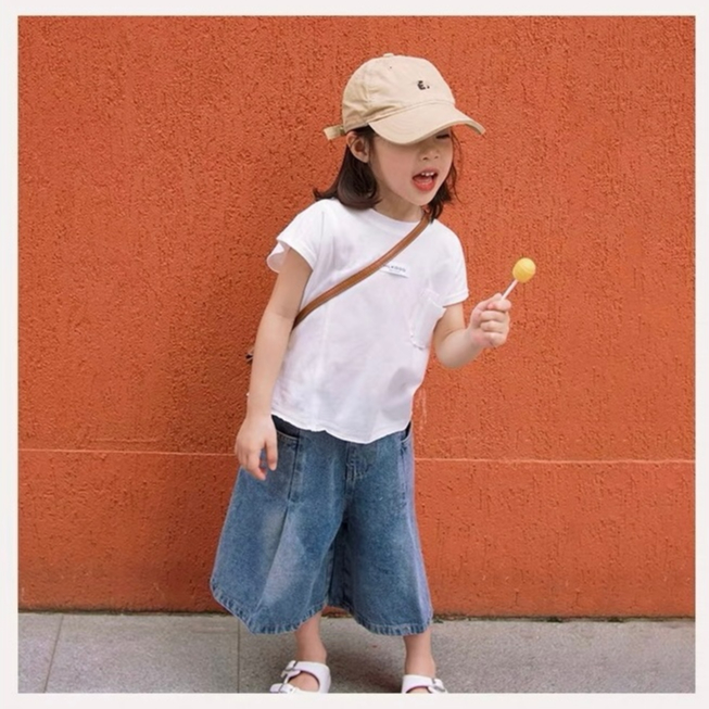 Setelan baju anak perempuan terbaru atasan katun putih celana rok levis