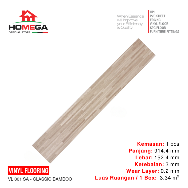 HOMEGA VINYL Flooring - Lantai Kayu Parket Parkit Parquet Stiker - Tekstur Wood Classic Bamboo - 1 P