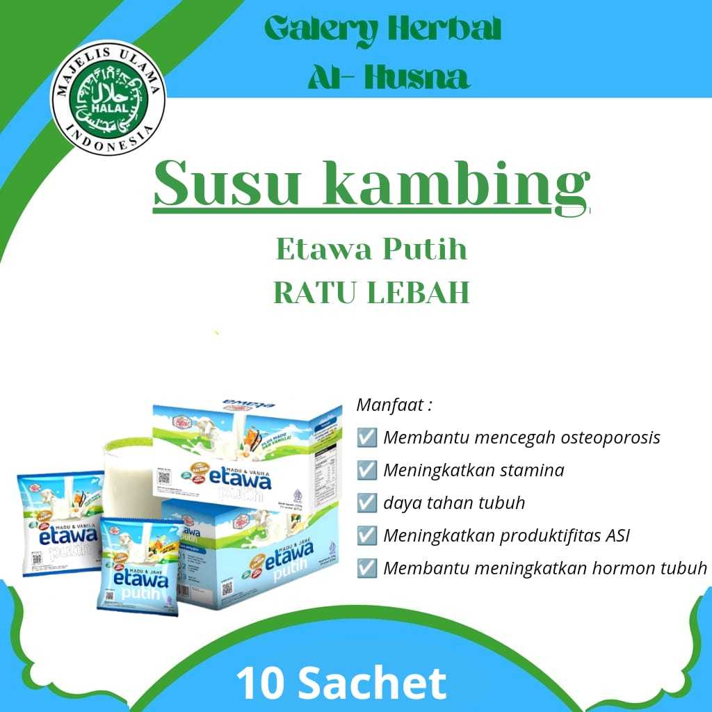 

Susu Kambing Etawa Putih Ratu Lebah Rasa Madu & Vanila | Madu & Jahe Kemasan Box Isi 10 Sachet