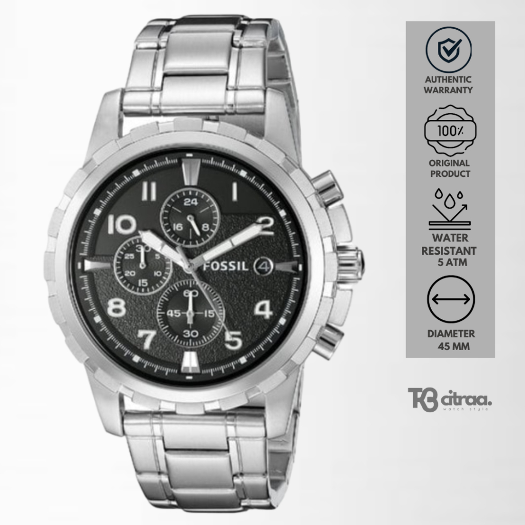 jam tangan fashion pria fossil men dean analog strap rantai cowok chronograph black dial stainless s