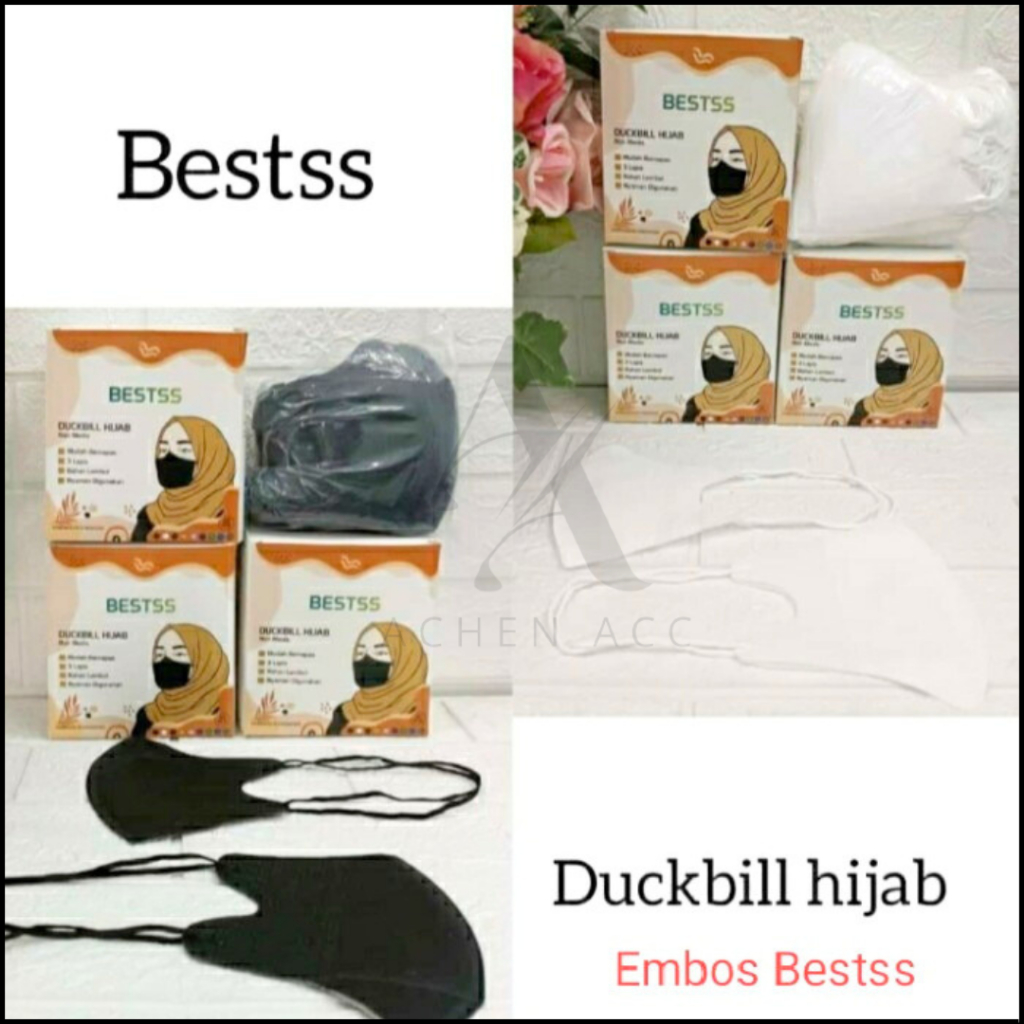 Masker Duckbill Hijab 1Box Isi 50Pcs Masker Duckbill Headloop Hijab Disposable Putih Hitam