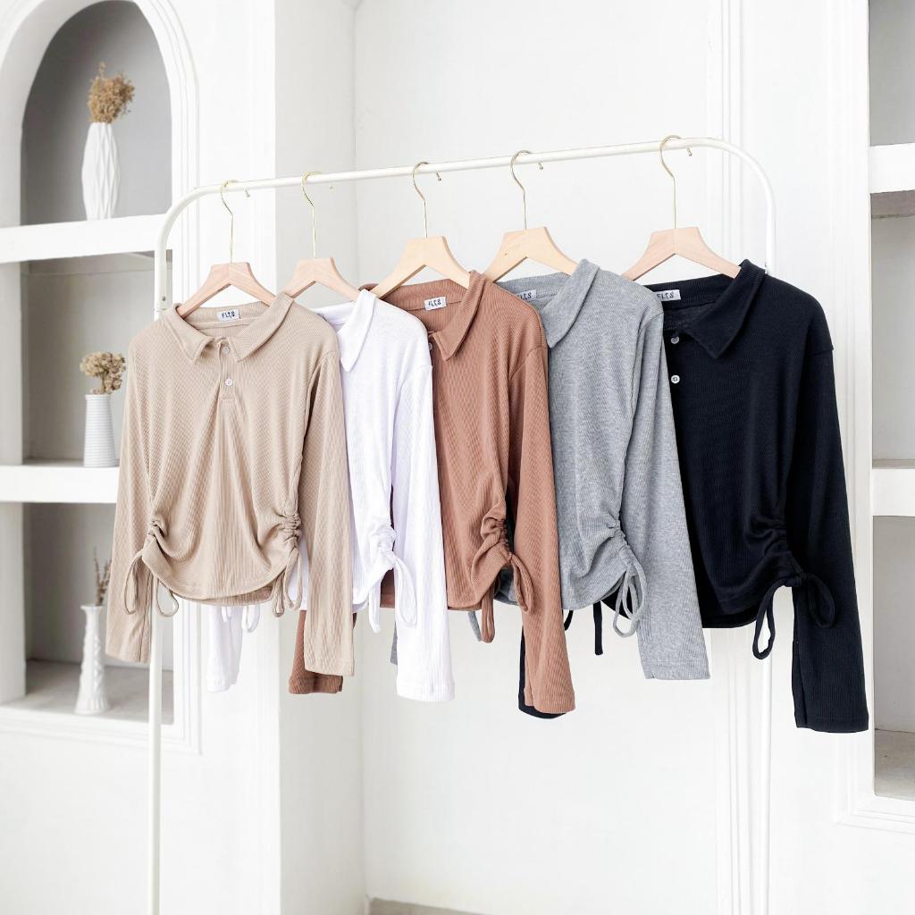 atasan crop top serut rib polo lengan panjang