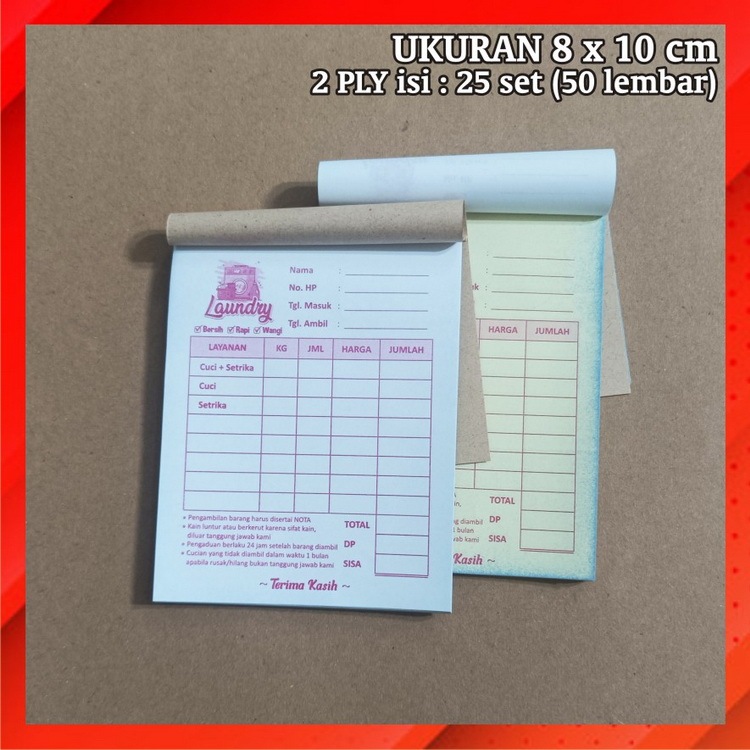 Nota Laundry 2 Ply Kecil Merah Kiloan Ncr Kuitansi Baju Laundri