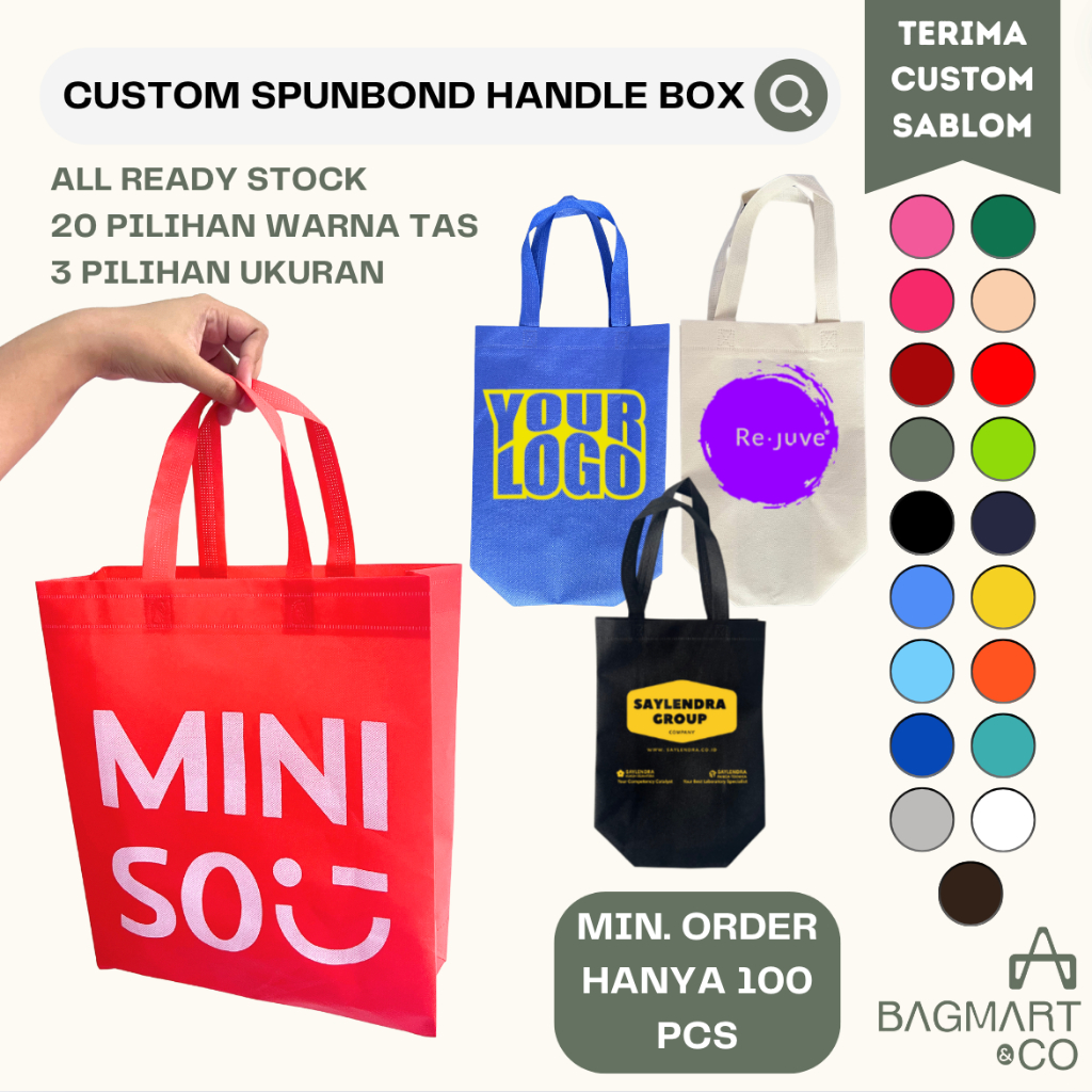 

Custom Logo Sablon Tas Spunbond Handle Box HBPA Print Tas Nama Goodie Bag Promosi Suvenir Acara Lain