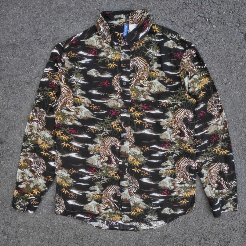 KEMEJA SUKAJAN HAWAII AOP TORA BAMBOO TIGER LEOPARD ART BANDANA PRINT FULL PATTERN FORMAL CASUAL HNM