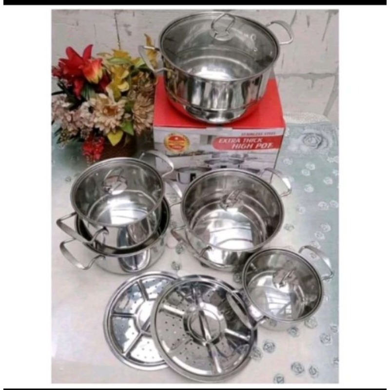 panci tutup kaca stainless steel panci set 5 susun panci 5in1 high pot
