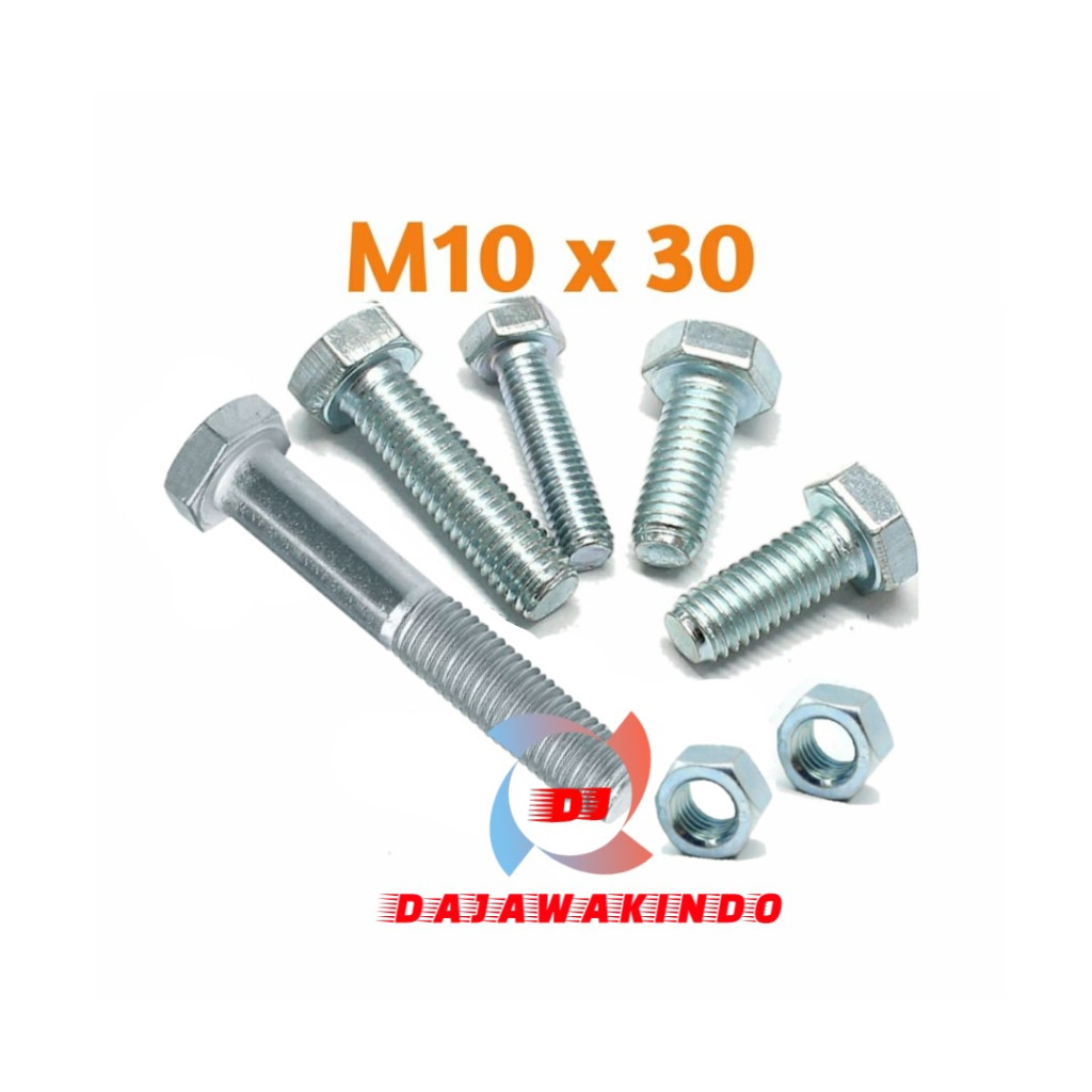 Baut Mur Hex Putih / Galvanis M10 x 30 mm