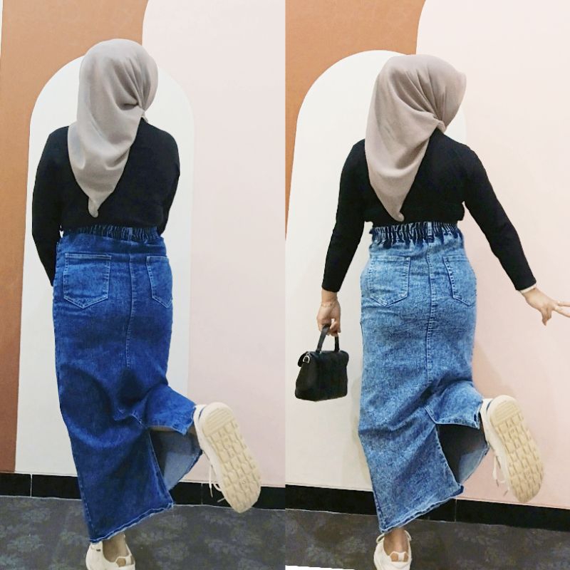 THEANA ROK PANJANG JEANS SPAN SKRIT MODEL BELAH/ROK JEANS THEANA WANITA  KEKINIAN