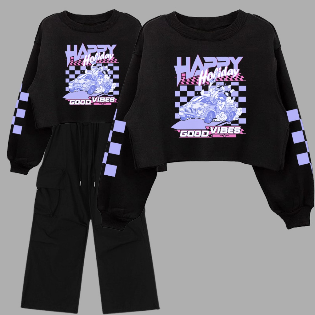 ONE SET SWEATER CROP HOLIDAY/SETELAN WANITA REMAJA TERBARU
