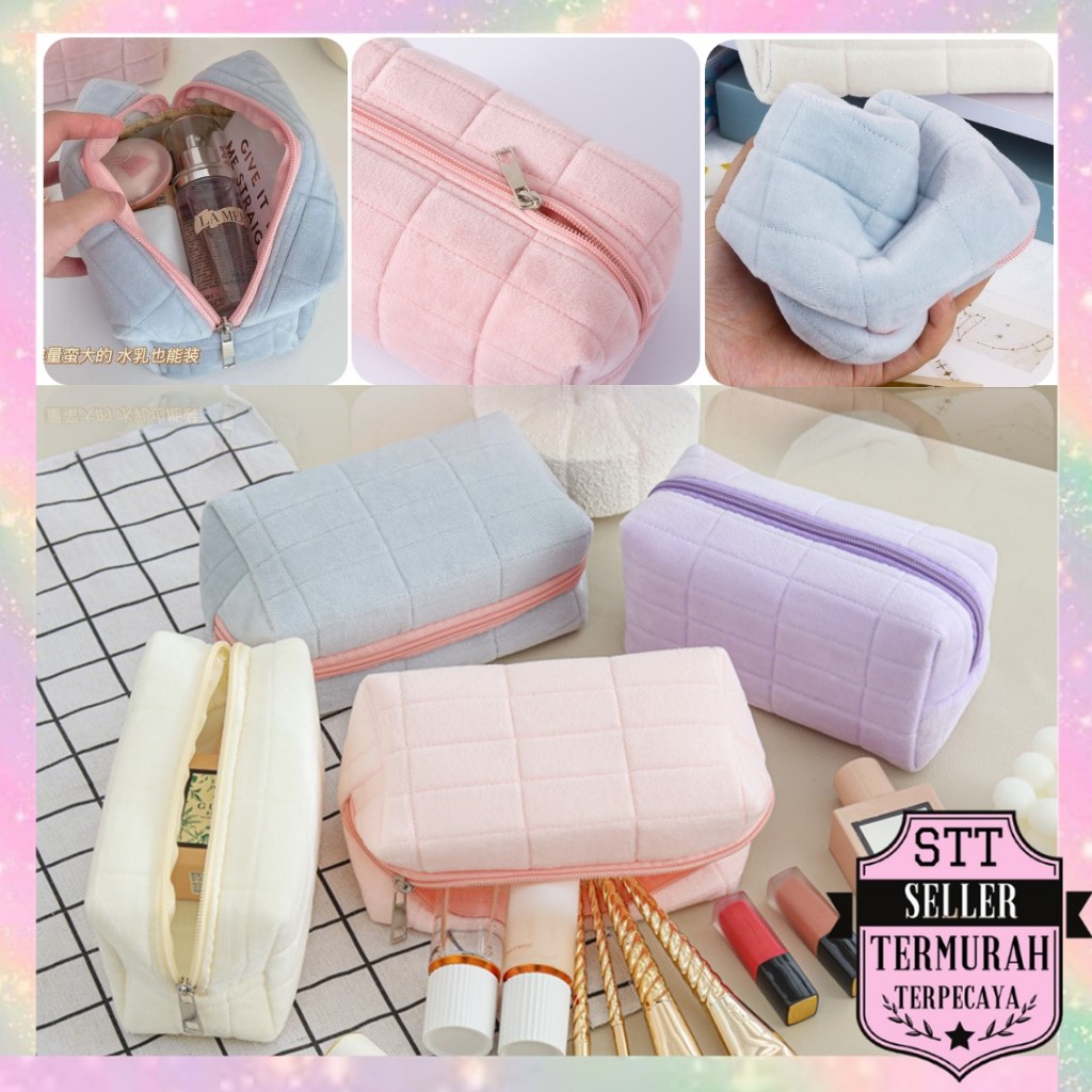 STT Pouch Kosmetik Lucu Warna Macaroon Kotak Pensil Sleting Velvet Aesthetic Pastel Tempat Pensil Bu