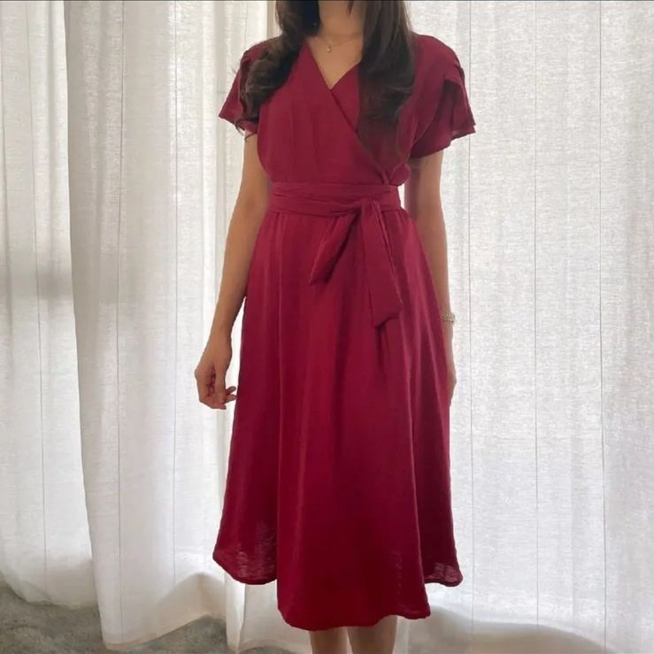 Dress Wanita Terusan Maroon Merah Natal Baju Imlek Casual