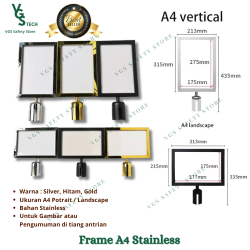 

Sign Frame A4 Potrait / Landscape Stainless Papan Tiang Antrian