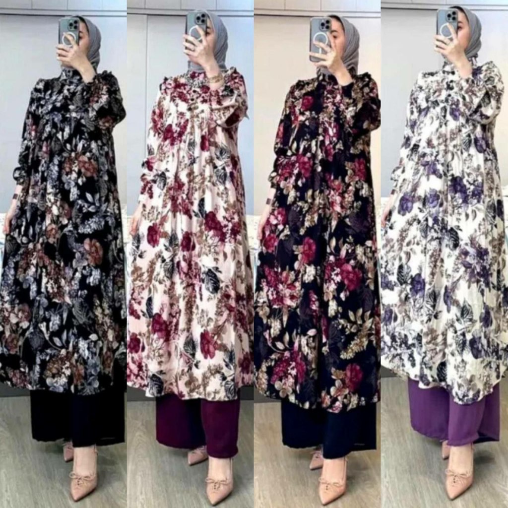 SETELAN ONESET CELANA LONG TUNIK/MIDI DRESS MUSLIM KAMELIA RAYON DIAMOND