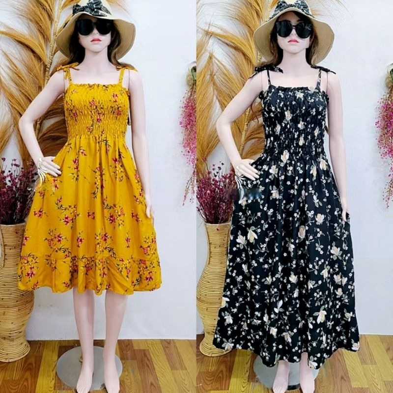 Dress Longdress Yana Kerut Tali Pundak Bahan Rayon adem | Daster Panjang Pendek Jumbo Ld120 | Longdr