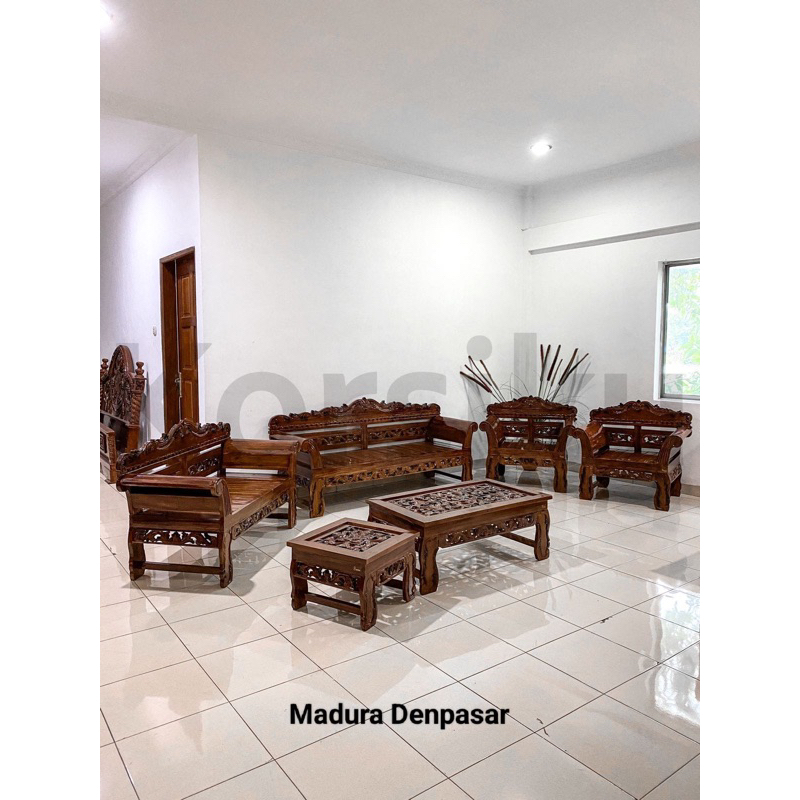 PROMO TERMURAH KURSI TAMU MADURA MAKASAR KAYU JATI JEPARA SET 3211+ 2MEJA KORSIKU