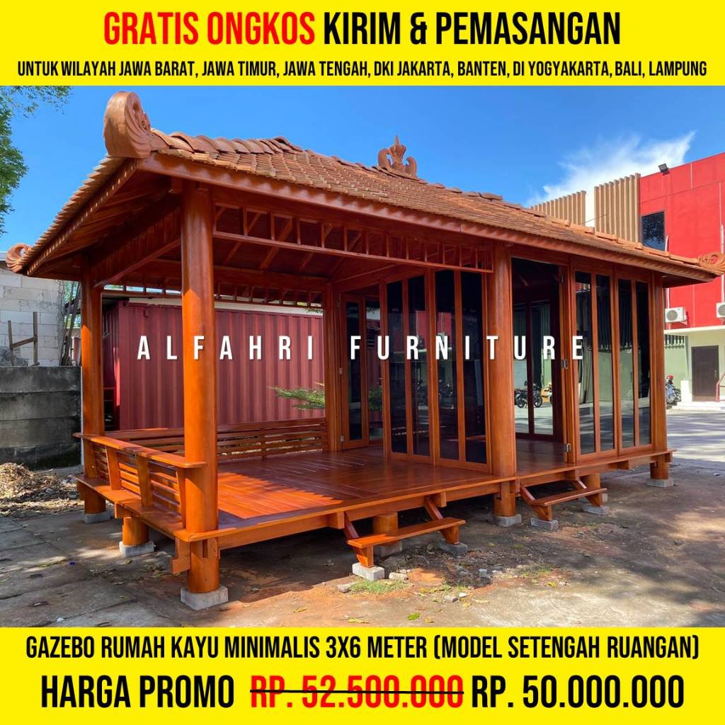 Gazebo Rumah Kayu Minimalis 3x6 Meter Atap Genteng Tanah Model Setengah Ruangan Dinding Kaca Riben 5