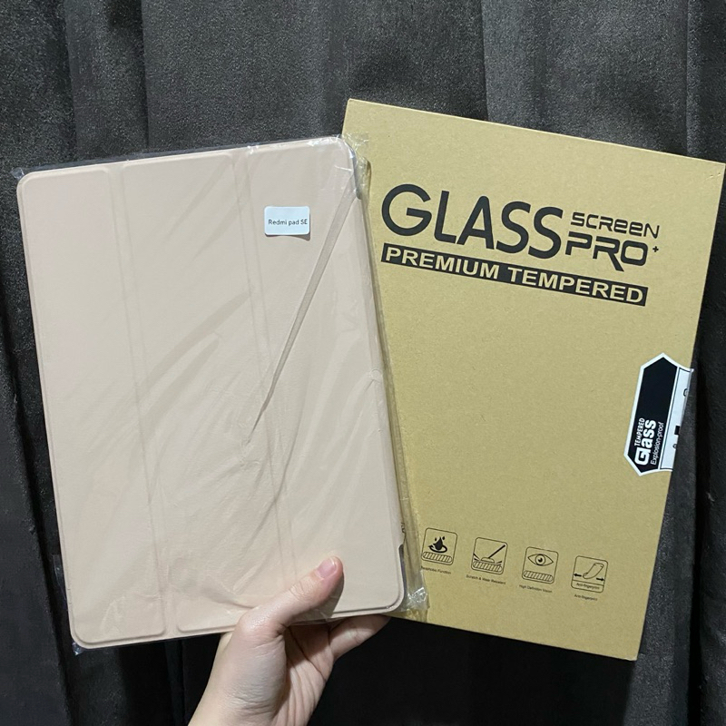[JUAL RUGI] Case Flip Pink / Anti Gores Tempered Glass Tab Tablet Redmi Pad SE