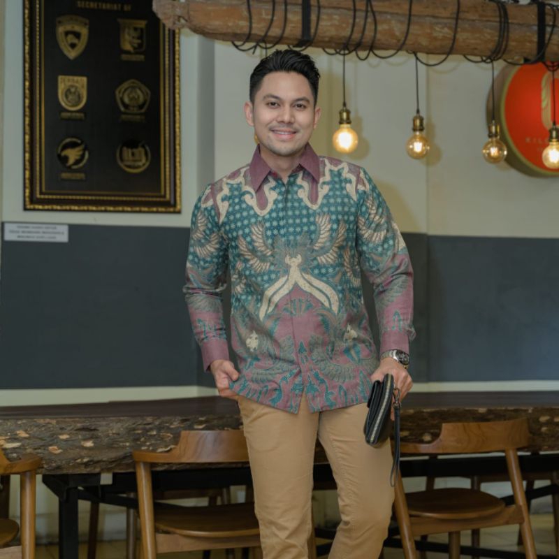 kemeja batik pria bahan doby lasem toska ungu