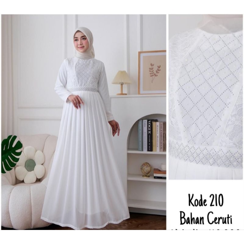 GAUN PUTIH PANJANG MAXI DRESS GAMIS BAHAN FULL CERUTY TEBAL FULL FURING MIX BROKAT WARNA PUTIH BW DA