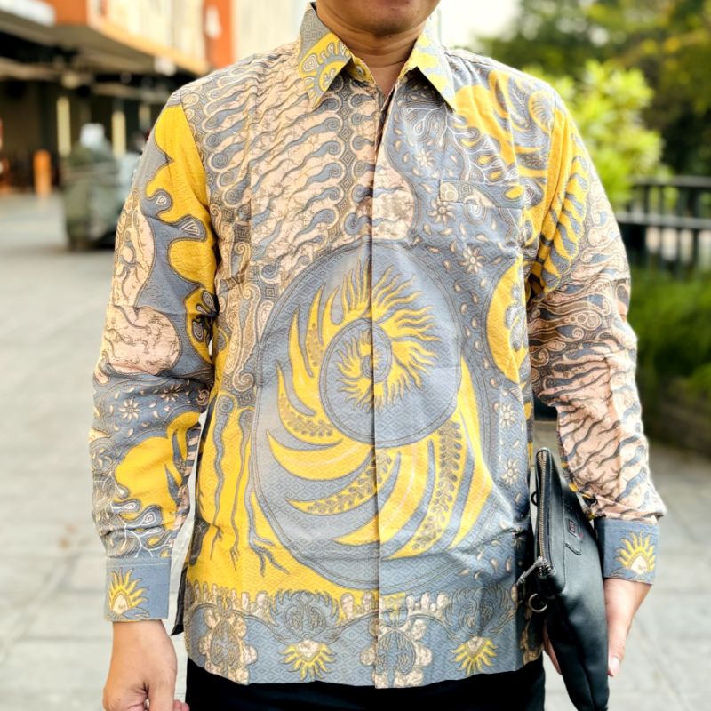 Kemeja batik pria KUNING ABU lengan panjang bahan doby motif terbaru