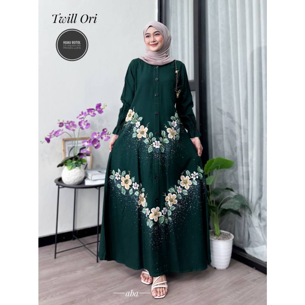 Ferisa gamis twill ori gamis lukis terbaru motif bunga gamis warna hijau botol