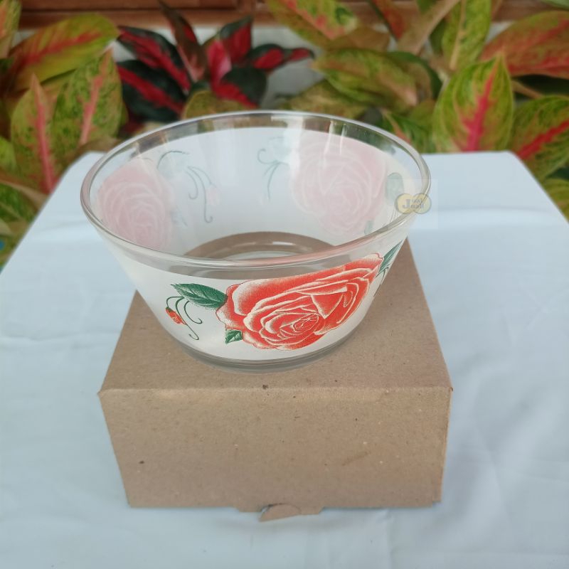 Mangkok Kaca Motif Gambar Tiga Bunga Besar